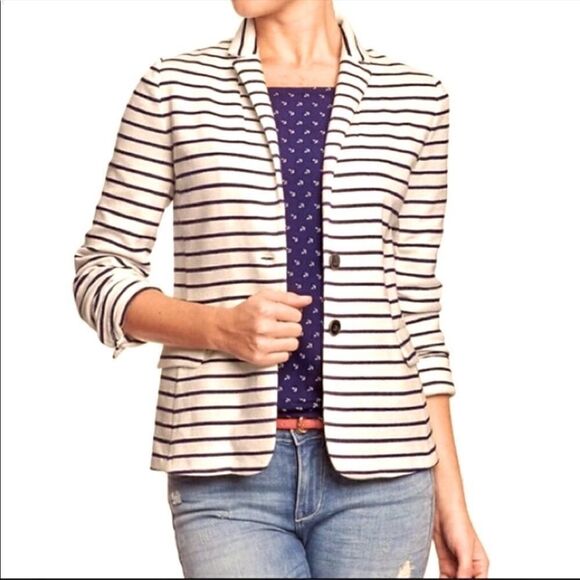 - Banana Republic navy/white striped  jacket  L - Picture 2 of 8